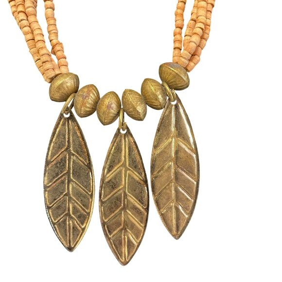 Handmade Multistrand Beaded Necklace 20" Bronze Leaf Pendants Gold Accents - Picture 3 of 6